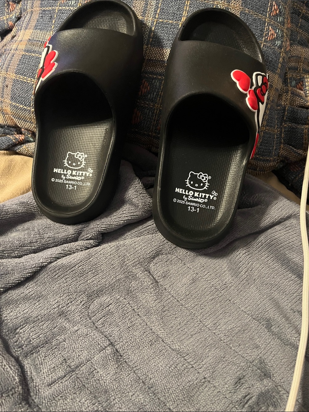 Hello Kitty Black Slide Sandals with Red Bow Accent